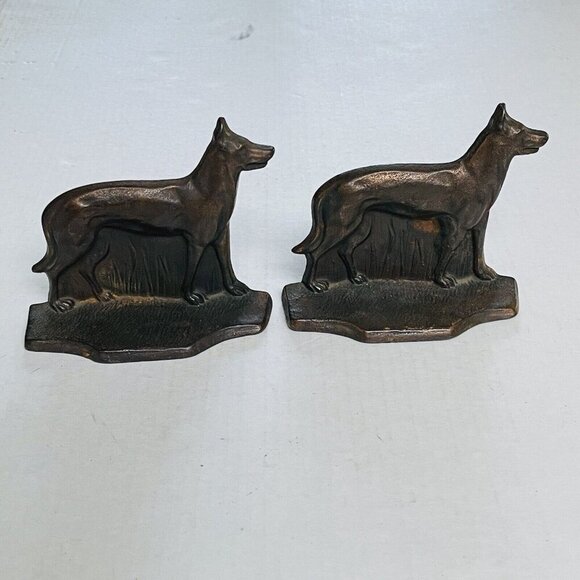 Vintage Cast Iron Bronze Copper Patina German Shepherd Dog Bookend Set Decor